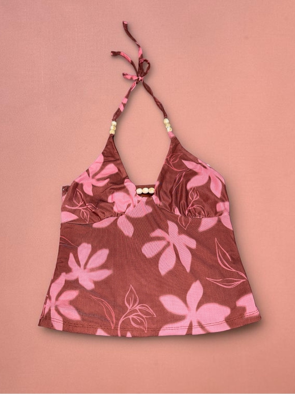 Pink Floral Halter Tank Top with Bead Detail NEW (M)